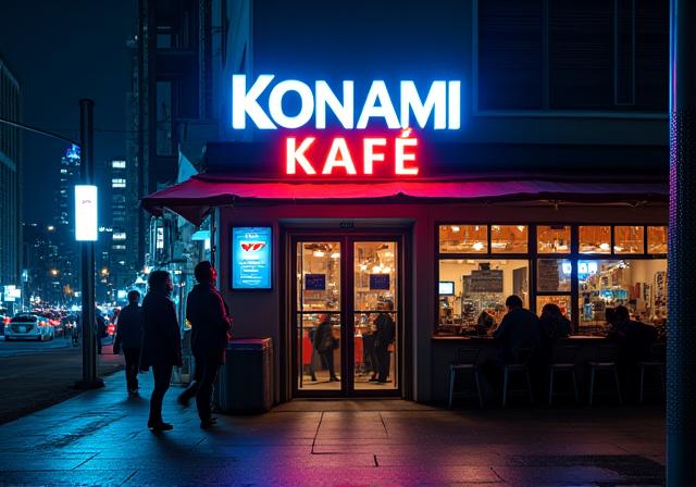 コナミカフェのロゴサインが輝くエントランス