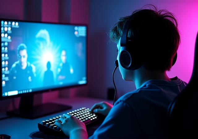 真剣な表情でPCゲームに集中するプレイヤー