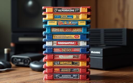 積み重ねられたレトロゲームカセット