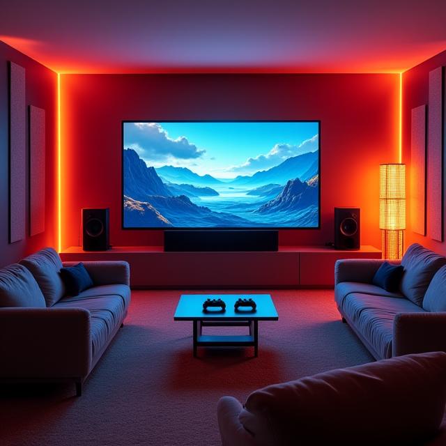 ソファと大型テレビが備えられたコンソールゲームルーム